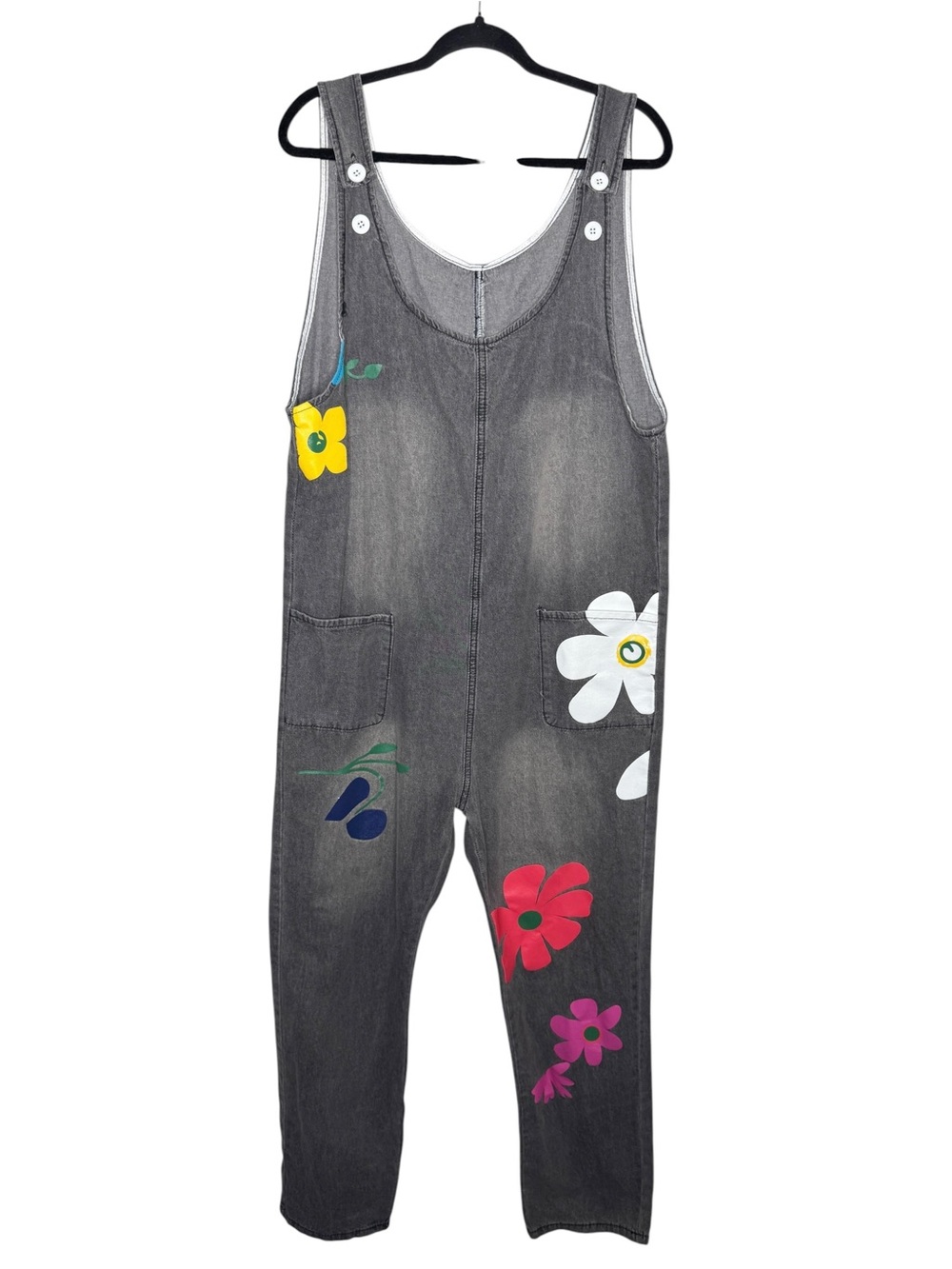 Gray wash multicolored floral boho cotton coveralls overalls jumpsuit / L